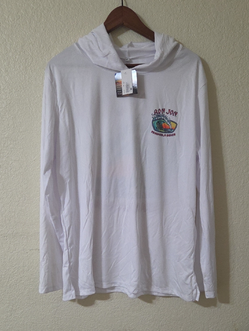 White Hooded Long Sleeve Tee with Colorful Beach Graphic